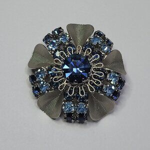 Signed Austria Brooch Vintage Blue Rhinestone Silver Filigree Flower Dome